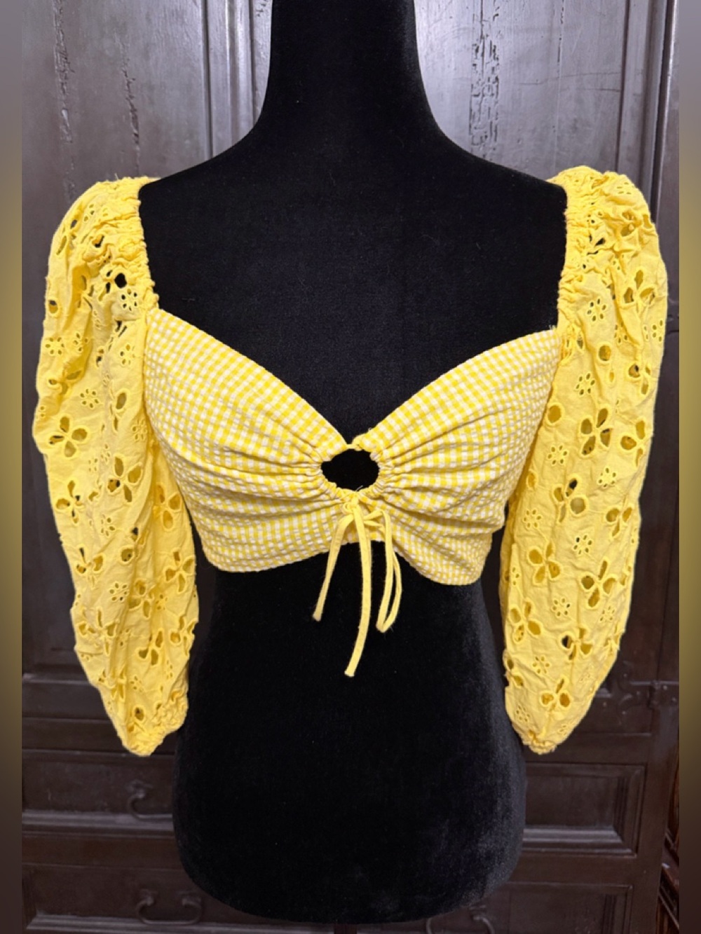 For Love Bell Lemons Picnic eyelet set gingham crop top puff sleeves w/ skirt -M - Picture 3 of 12